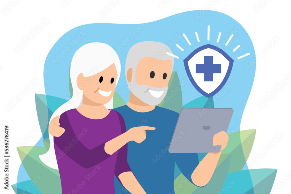 Elderly couple View life insurance information from Tablet. Vector illustration Elderly couple View life insurance information from Tablet. Vector illustration