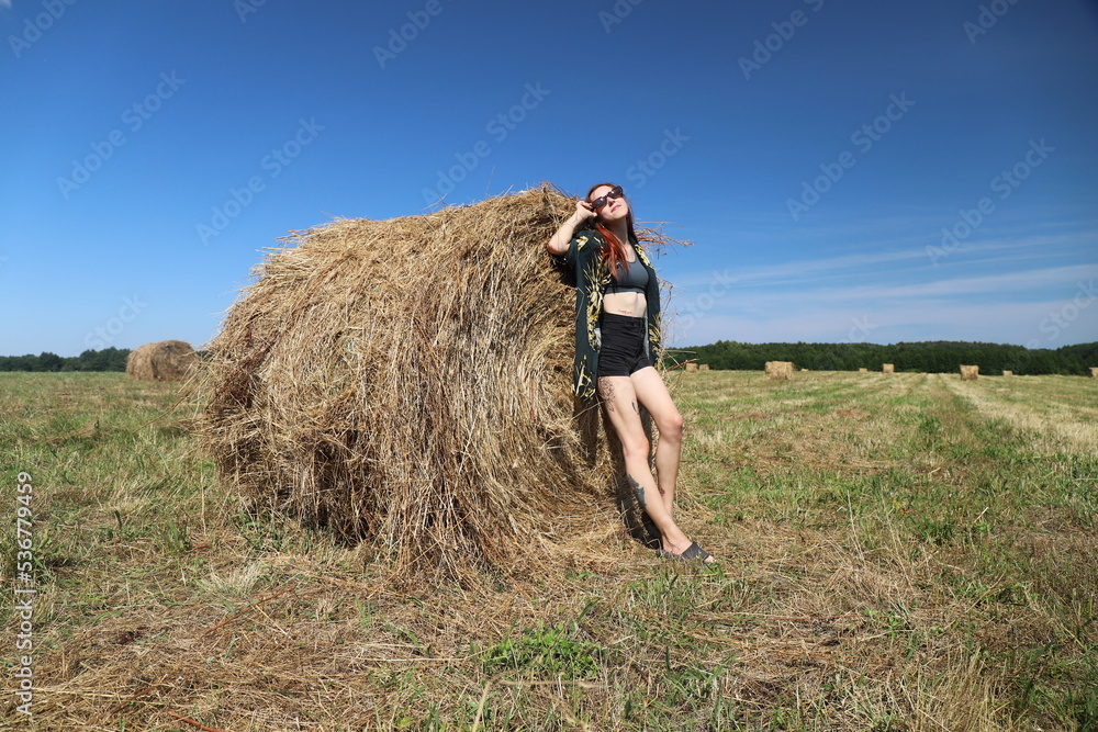 girl resting in a field on a haystack girl resting in a field on a haystack