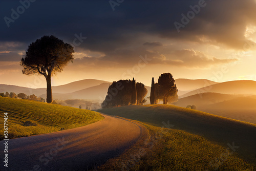 Tuscan rolling hills with cypresses and oak trees along a windy road at sunset  during a hazy golden hour  photorealistic illustration