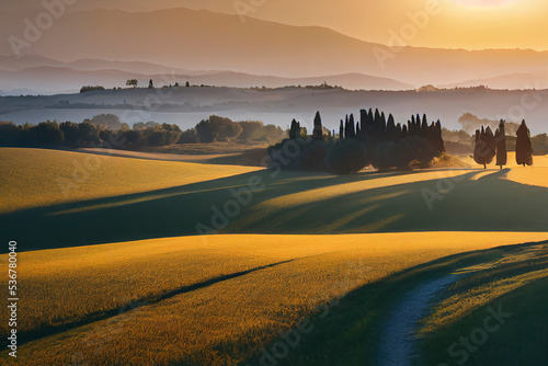Tuscan rolling hills with cypresses and oak trees at sunset, during a hazy golden hour, photorealistic illustration