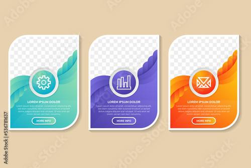 Infographic design template with marketing icons. Vector banner in the form of curved paper strips. Business concept with 3 steps, parts, options. gradient colors with space photo collage and text.