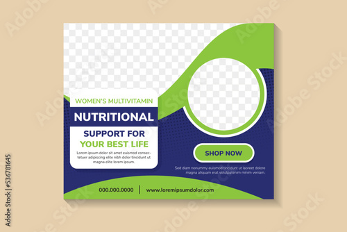 banner template design with headline is multivitamin support for your best life. space of photo collage. Advertising flyer in horizontal layout. blue background with green element dot halftone pattern