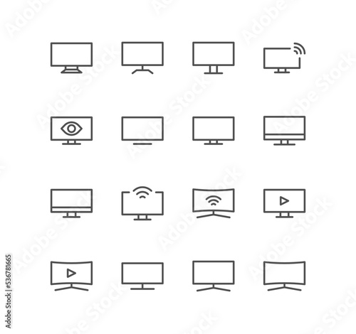 Set of monitor and computer icons, device, screen, laptop, phone, pc, and linear variety vectors.
