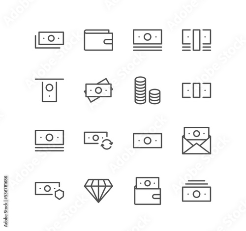 Set of money and finance icons, pay, paper money, cash, growth, market, value, earn and linear variety vectors.

