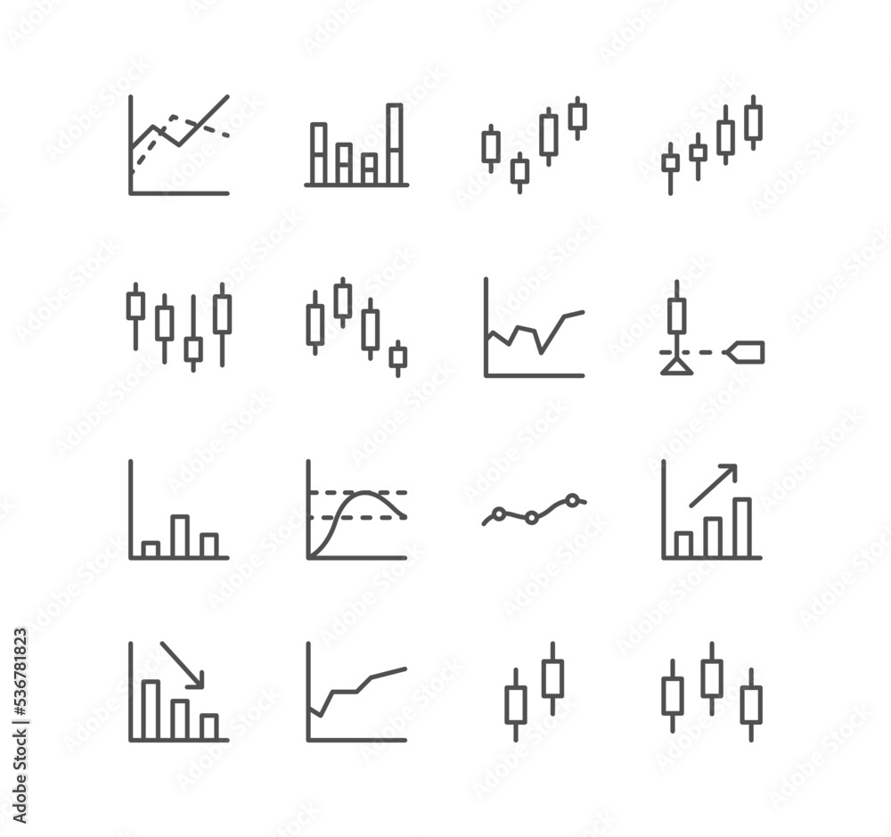 Set of finance and marketing icons, graph, market, statistic, chart, diagram, grid, bar, arrow and linear variety vectors.
