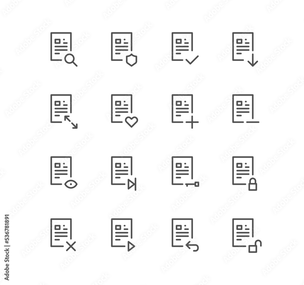 Set of business and technology icons, paper, document, file, folder, search, approve and linear variety vectors.
