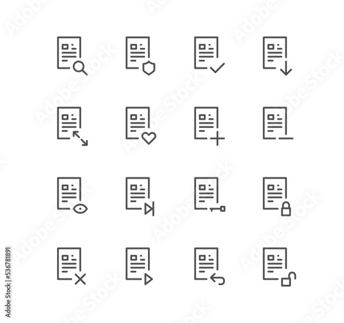 Set of business and technology icons, paper, document, file, folder, search, approve and linear variety vectors. 