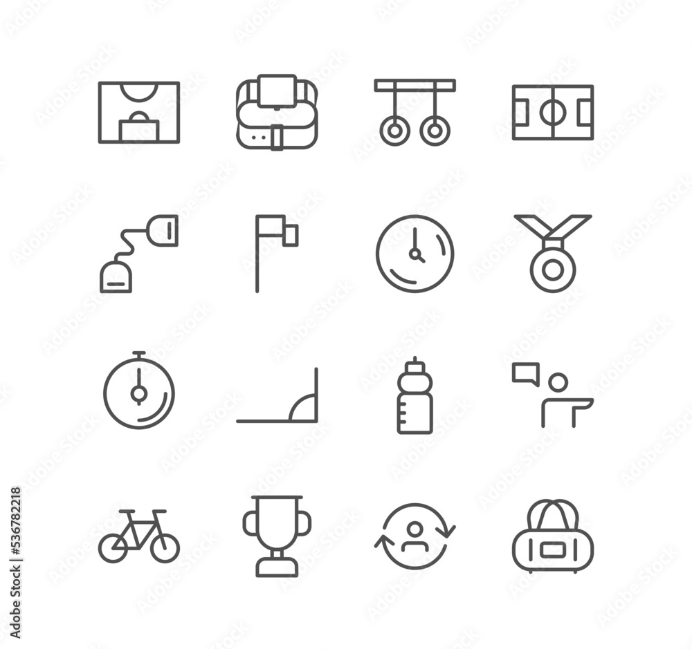 Set of sports equipment and soccer icons, trophy, award, football, fitness, stopwatch and linear variety vectors.
