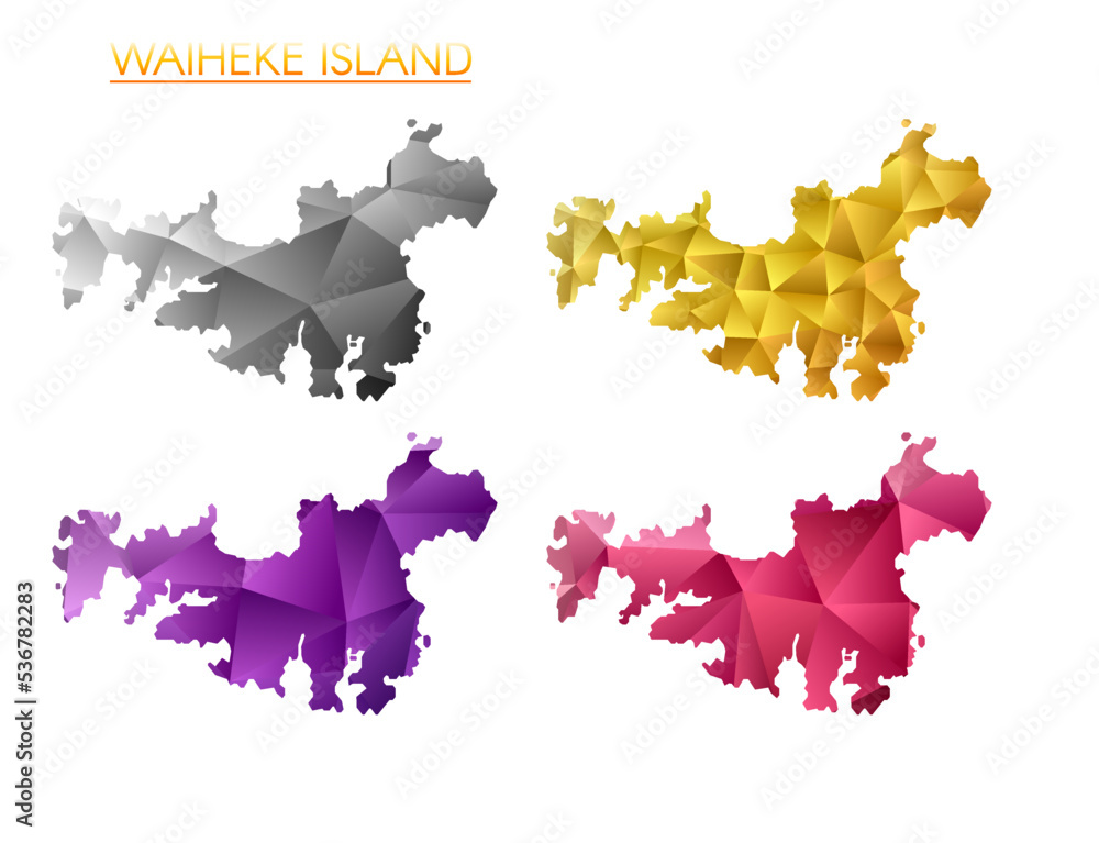 Set of vector polygonal maps of Waiheke Island. Bright gradient map of island in low poly style. Multicolored Waiheke Island map in geometric style for your infographics. Vibrant vector illustration.