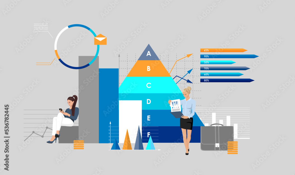 People characters analysis financial data, infographic, colorful diagrams on background. Business project boost and rise, arrows grow up. Young woman manager analyzing update. Flat vector illustration
