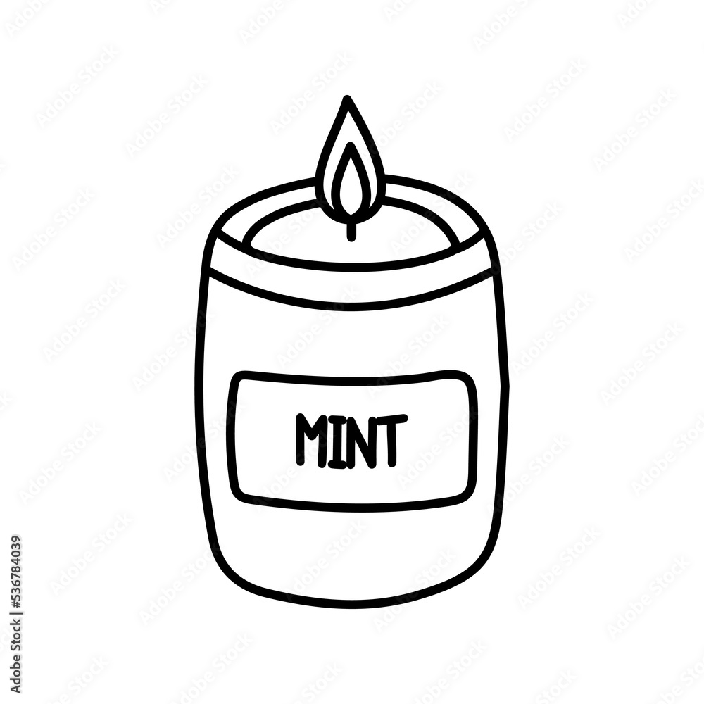 Single hand drawn doodle candle for New Year and Xmas greeting cards, posters, stickers and seasonal design. Decorative wax candle Mint for relax and spa. Single hand drawn doodle candle for New Year and Xmas greeting cards, posters, stickers and seasonal design. Decorative wax candle Mint for relax and spa.