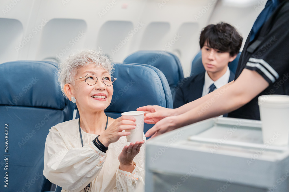 飛行機の機内で過ごす乗客 飛行機の機内で過ごす乗客