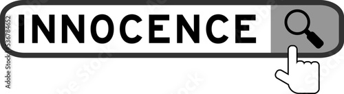 Search banner in word innocence with hand over magnifier icon on white background
