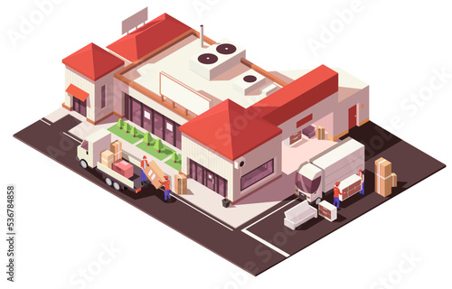 Isometric commercial low building. Moving service delivering furniture at new empty office. Loaders with boxes unloading lorry truck with goods. Scene isolated on white background. Vector illustration
