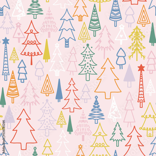 Colorful christmas holiday trees seamless repeat pattern.  Doodled  vector fir forest all over suface print on pink background.