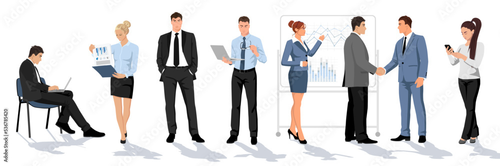 Office people panoramic set. Collection of employees isolated on white background. Business manager, man, woman staff characters design. Humans in black suit, formal wear clothes. Vector illustration Office people panoramic set. Collection of employees isolated on white background. Business manager, man, woman staff characters design. Humans in black suit, formal wear clothes. Vector illustration