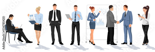 Office people panoramic set. Collection of employees isolated on white background. Business manager, man, woman staff characters design. Humans in black suit, formal wear clothes. Vector illustration