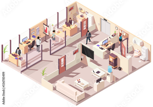 People workplace in office isometric design. Company employees man and woman team work together in comfortable modern cabinet. Business center floor interior inside with furniture. Vector illustration