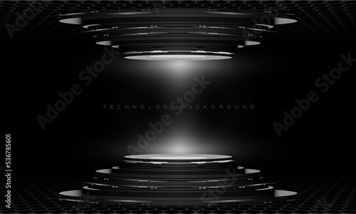 Abstract 3D grey cyber geometric cyber futuristic technology stage on black design modern background vector