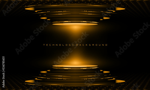 Abstract 3D yellow cyber geometric cyber futuristic technology stage on black design modern background vector