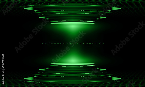 Abstract 3D green cyber geometric cyber futuristic technology stage on black design modern background vector