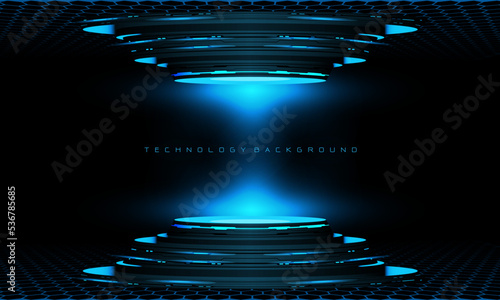 Abstract 3D blue cyber geomstric cyber futuristic technology stage on black design modern background vector