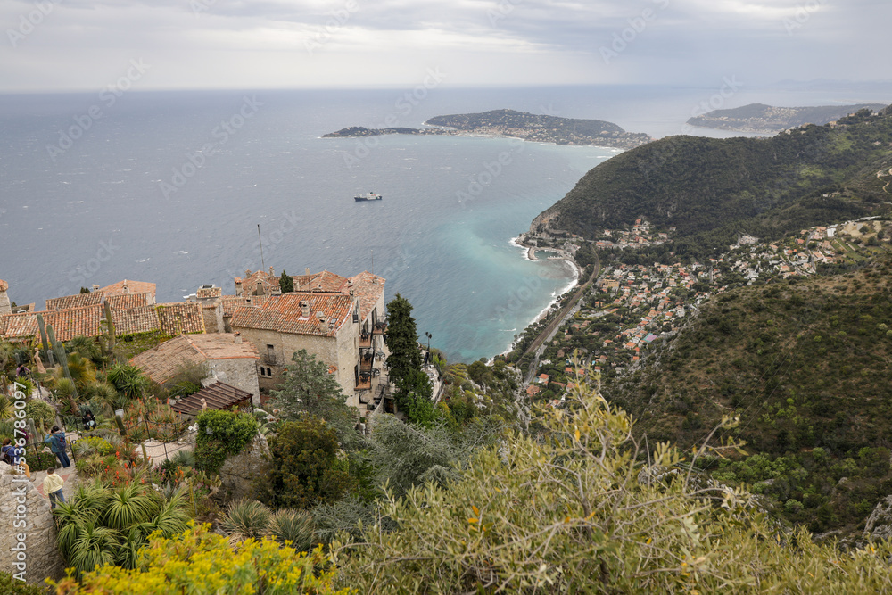 Overview from the coastal town of Eze on the French riviera during a cloudy spring day.