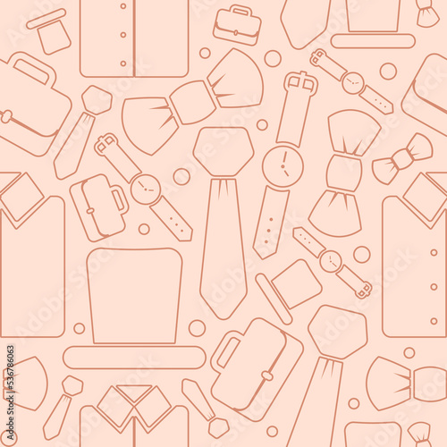 Man's cloth and accessories seamless pattern. Male's wrist watch, tie, briefcase, bow tie, opera hat and shirt. Vintage gentleman's concept. Beige line seamless pattern. 