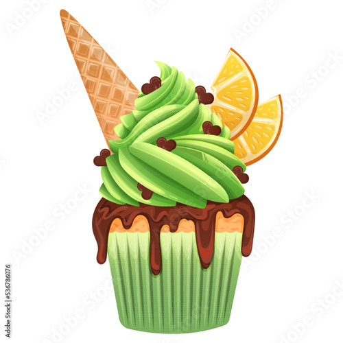 Baked cupcake with green cream topping isolated on white background. Realistic style sweet cake delicious. Exotic dessert decorated mint, wedge of orange. Original christmas muffin vector illustration
