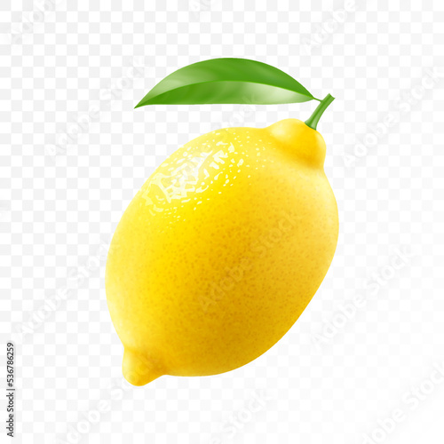 Fresh lemon with green leaf isolated on transparent background. Realistic 3d vector illustration. Fully editable handmade mesh.