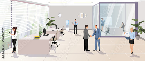 People working in modern bright office. Workspace in financial business company horizontal banner. Men and women employees workplace with computer. Businessmen handshaking in room. Vector illustration