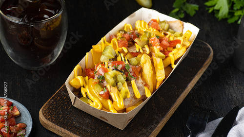 A view of a plate of carne asada french fries. photo