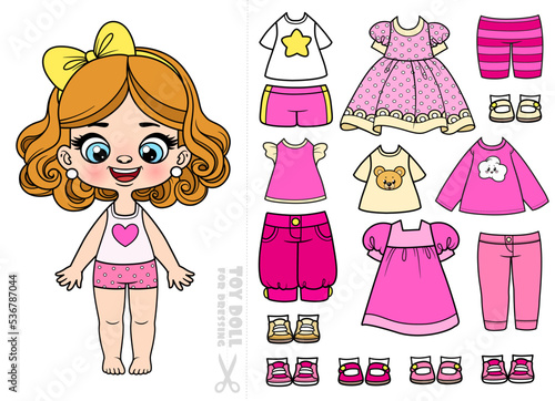 Cute cartoon girl in underwear and with a set of  pink and beige clothes and shoes for dressing isolated on white background