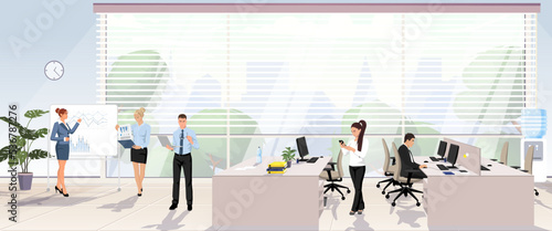 People working in modern bright office. Workspace in financial business company horizontal banner. Men, women employees workplace with computer. Boss manager reports info to staff. Vector illustration