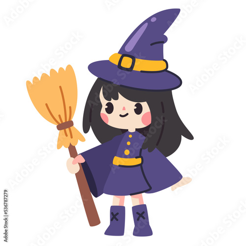 Halloween cute witch with broom vector illustration