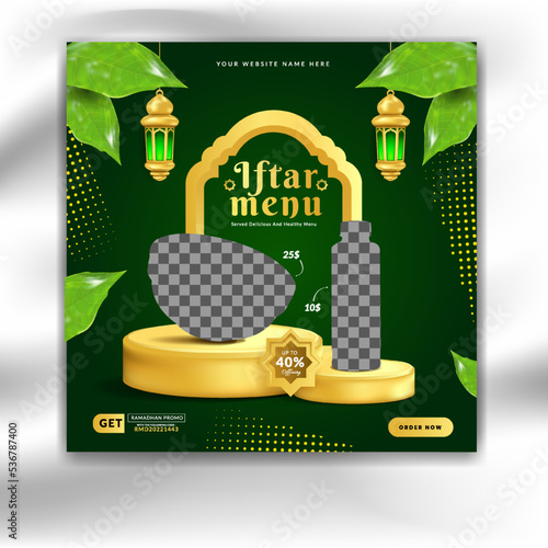 Food culinary social media post template with podium and islamic lantern