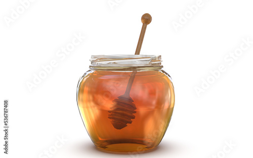 Glass jar full of honey and wooden honey dipper transparent background high quality details, 3d rendering