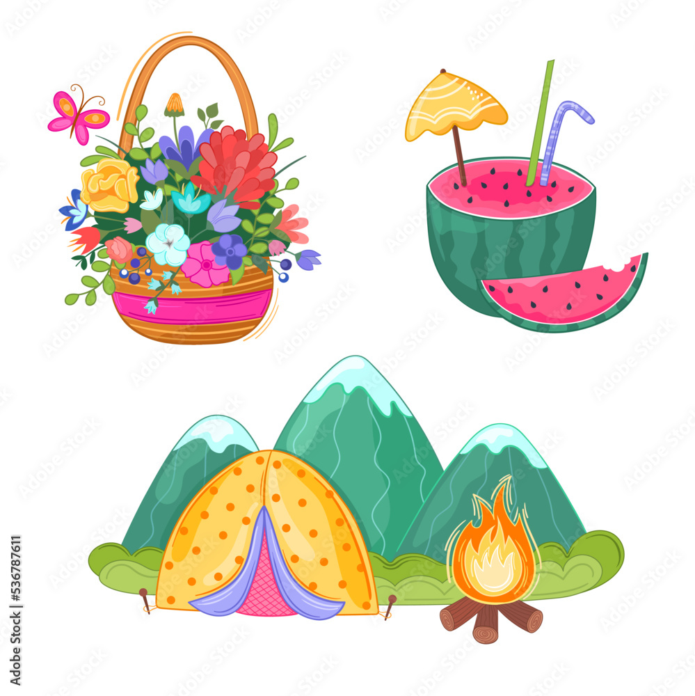 Fototapeta premium Vector illustration summer set with basket with flowers, watermelon, mountains, tent, campfire