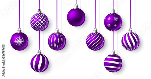 Christmas balls with ribbons isolated on white background. Baubles hanging on string. Glass toy with painted snowflake ornament. Greeting card template. Beautiful banner or poster. Vector illustration