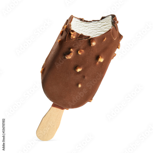 Bitten popsicle ice cream bar with chocolate coating and nuts isolated on white.