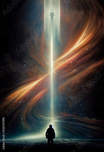 Concept art illustration of interstellar astronaut beyond space and time in universe photo