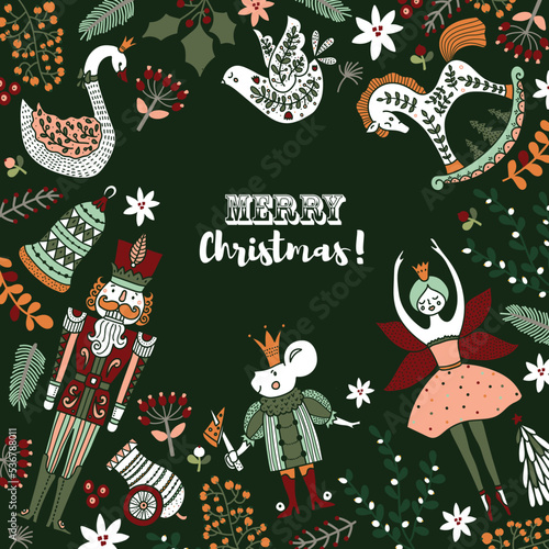 Nutcracker and winter floral. Cute Christmas vector card.
