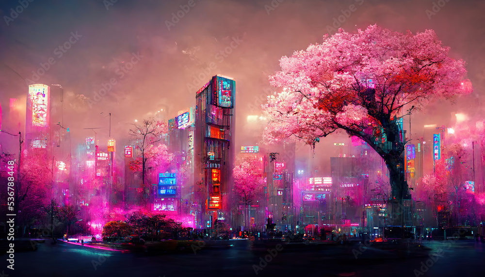Fantasy Japanese night view city citycape, neon light, residential skyscraper buildings, pink cherry sakura tree. Night urban anime fantasy. - obrazy, fototapety, plakaty 