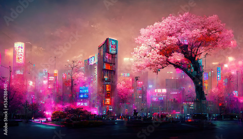 Fotografiet Fantasy Japanese night view city citycape, neon light, residential skyscraper buildings, pink cherry sakura tree