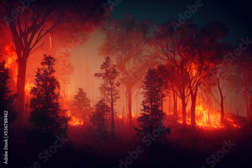 Forest tree devoured fire flames burn smoke.