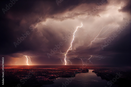 Lightning Thunder Flash Rain during summer storm.
