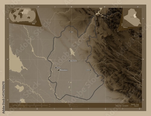 Diyala, Iraq. Sepia. Labelled points of cities photo