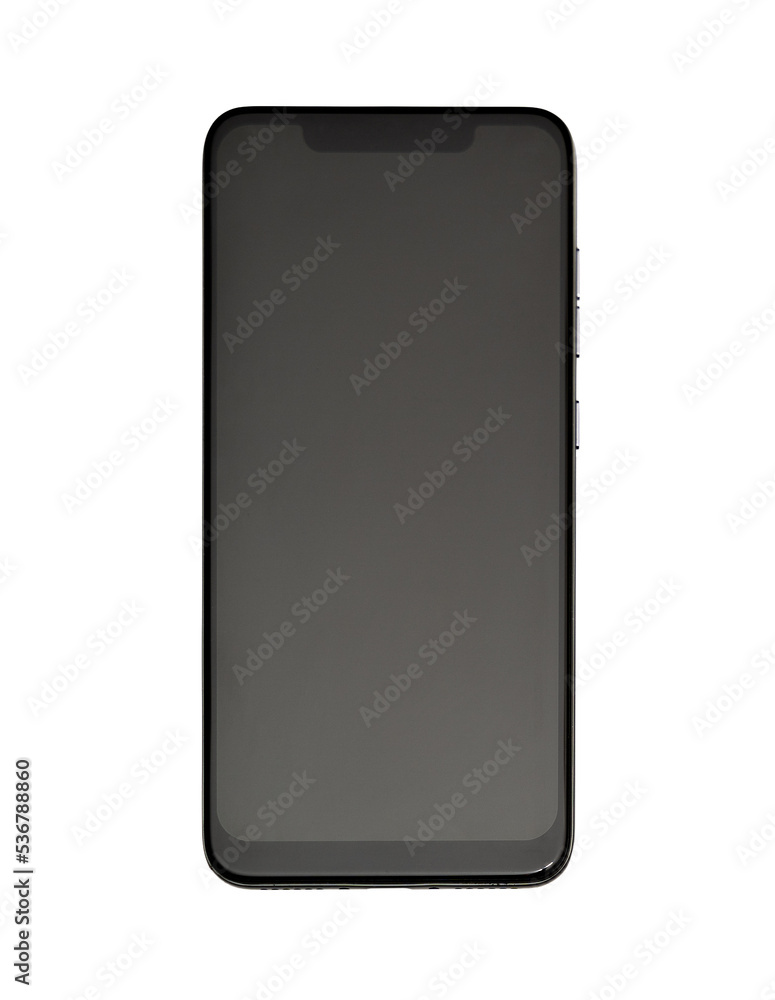 Modern new smartphone close-up in black isolated on a white transparent background with a copy space as a mock-up for placing any image on the screen. Modern new smartphone close-up in black isolated on a white transparent background with a copy space as a mock-up for placing any image on the screen.
