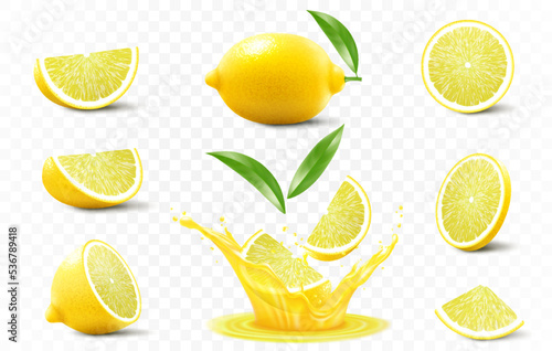 Set of ripe lemon. A whole , half and slices of lemon fall into fresh juice. Realistic 3d vector illustration, Isolated on transparent background.