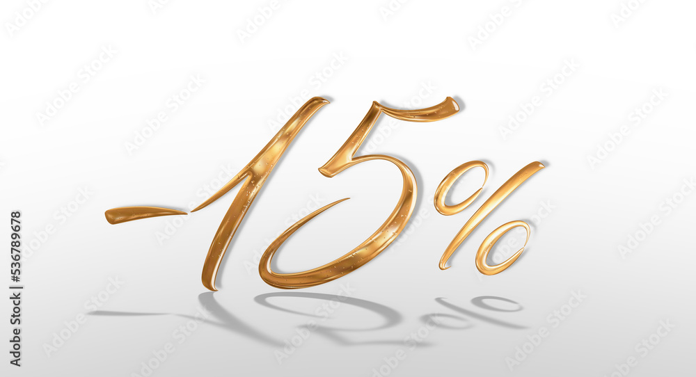3d illustration Realistic golden text 15 percent discount number. 3d illustration Realistic golden text 15 percent discount number.